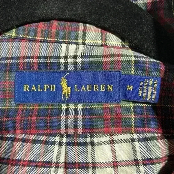 Ralph Lauren Men Button Down LS Shirt MEDIUM Red/Blue Plaid Career Cotton Casual - Picture 3 of 8